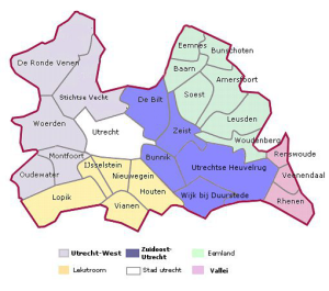 Afbeelding alle gemeenten provincie Utrecht. Stad Utrecht is wit want hoort niet tot het werkgebied van consultatiebureau Widar.